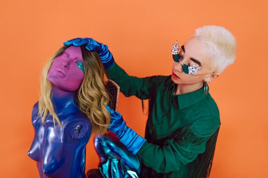 Artistic studio shot of a person styling a vibrant mannequin head.