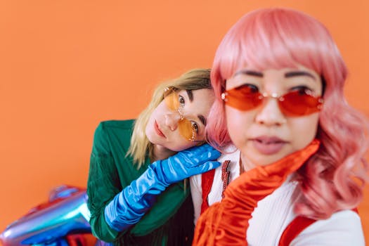 Two fashionable women in colorful outfits and sunglasses against an orange background.