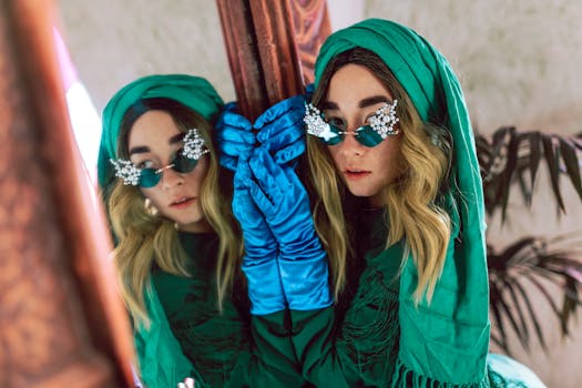 Fashionable woman poses in a vibrant green outfit and jeweled sunglasses.