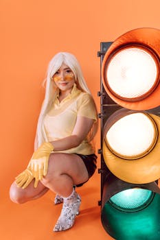 Stylish model with blonde hair posing beside a traffic light on orange background.
