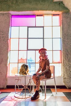 Stylish woman with colorful hair and tattoos seated indoors next to a wig on display. Vibrant atmosphere.
