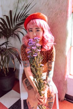 A fashionable woman with pink hair sitting indoors holding a bouquet of purple flowers.