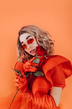 Stylish woman in red outfit holding a red rose against an orange background.