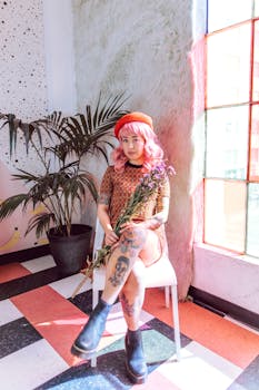 Stylish woman with pink hair and tattoos poses indoors, holding flowers against a colorful background.