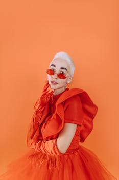 Striking portrait of a woman in vibrant orange attire with sunglasses, exuding elegance and style.