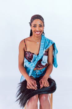 African American woman in denim sitting with hair extensions, smiling against a white background.