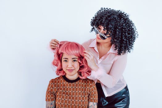 Two women having fun with colorful wigs and playful styling in a studio setting.