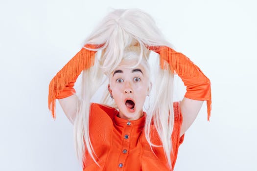 A startled woman in a vibrant orange outfit holding a blonde wig with a surprised expression.