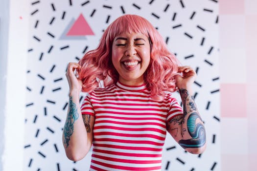 Vibrant portrait of a woman with pink hair and tattoos, playfully posing in a striped shirt.