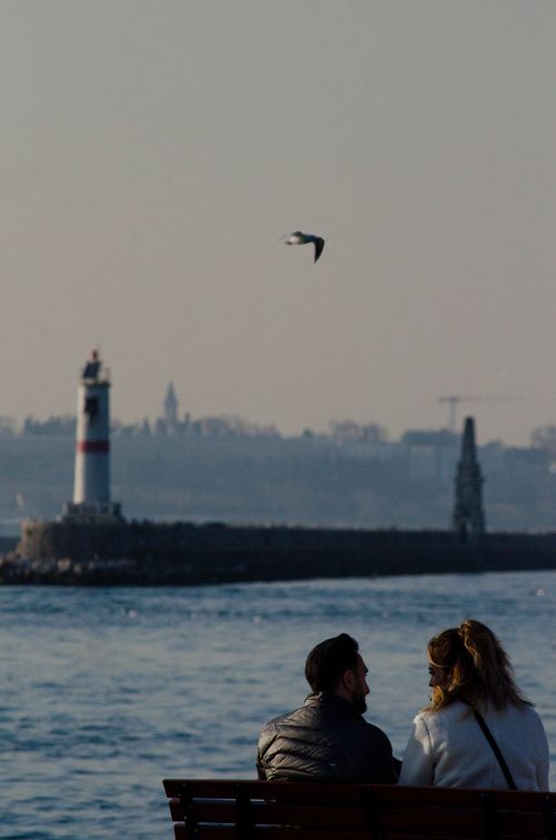 Free Couple sitting on a bench by the sea, watching a lighthouse and bird flying. Serene atmosphere. Stock Photo