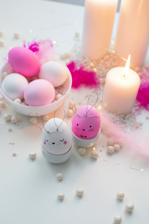 Pink and White Easter Bunny Eggs on White Table