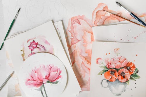 Watercolor Painting of Flowers on White Paper