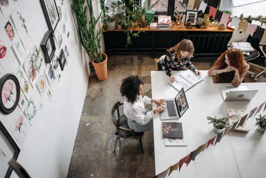 High angle view of diverse women collaborating in a stylish office space with laptops and art decor.