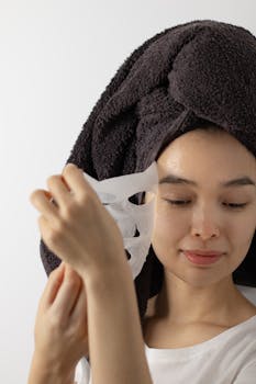 Asian woman gently removing a facial sheet mask, wrapped in a towel for skincare routine.
