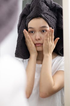 A woman with a towel on her head looking at herself in the bathroom mirror.