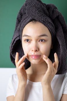 Young woman in a beauty routine applying a lip mask with head towel.