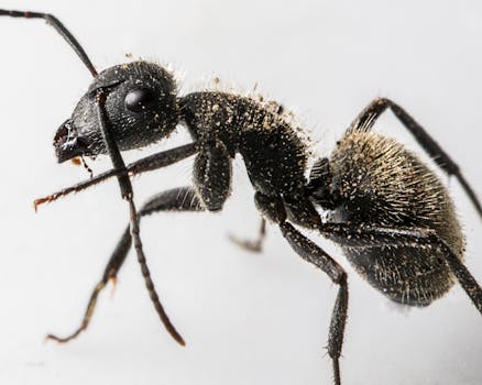 Close-up macro shot of a black ant showcasing intricate details and texture.