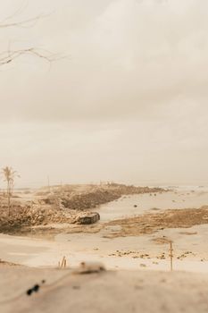 A tranquil foggy beach scene featuring rocks, sand, and overcast skies in sepia tones.