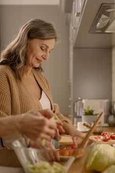 Elderly woman preparing a healthy meal in a bright, modern kitchen environment.