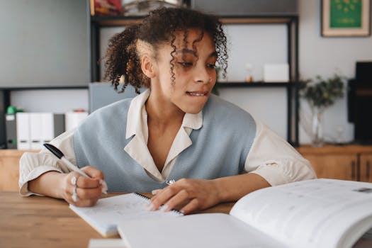 Focused young woman studying with books and notepad in a cozy indoor setting.