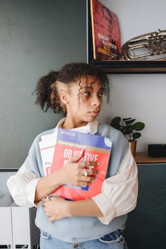 A young woman standing indoors, looking pensive, holding Cambridge English textbooks.