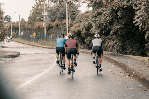 Three cyclists ride on a scenic road surrounded by lush greenery and open space.