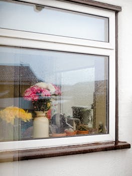Vibrant flowers through a rain-speckled window create a serene scene.
