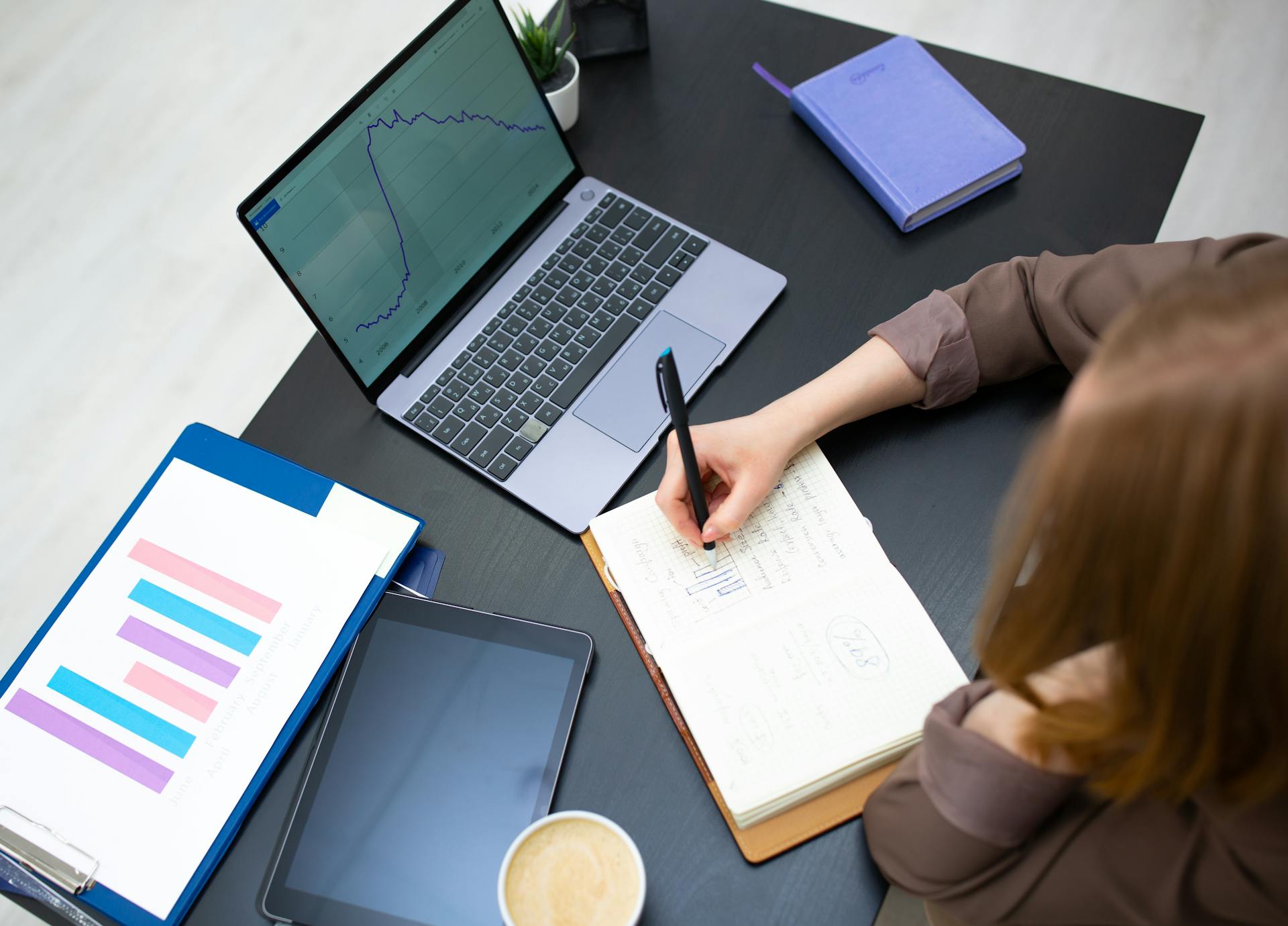 A person writing notes in a notebook beside a laptop displaying graphs in an office setting.