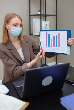 Woman in mask presenting graph during online meeting in office setting.