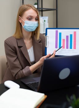Woman in office with mask, presenting graphs during a remote meeting.