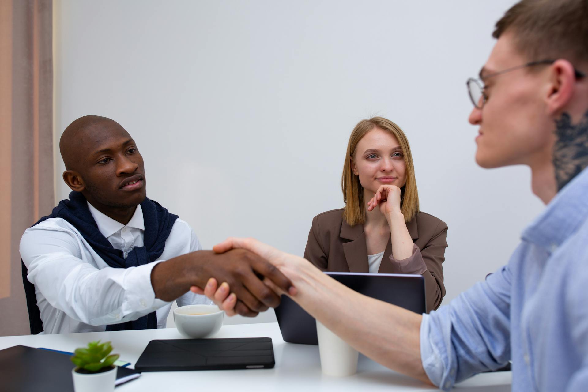 Colleagues in a business meeting shaking hands, showcasing cooperation and diversity.