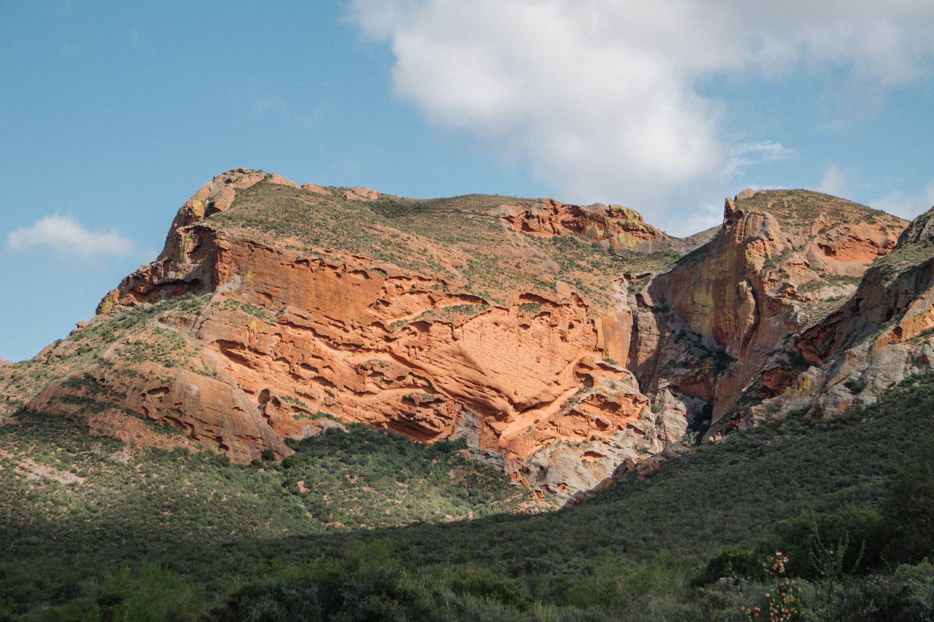 Explore the striking red rock formations of Western Cape's majestic mountains with lush greenery.