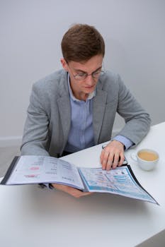 Man in a gray suit reading a brochure at a table with coffee.