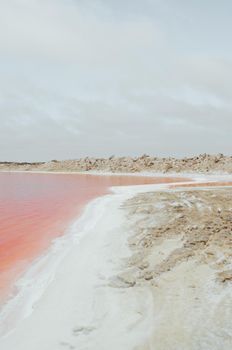 Explore a unique pink salt beach with contrasting sand under a tranquil sky, perfect for nature lovers.