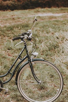 A vintage bicycle parked in a tranquil rural field, evoking a sense of nostalgia and calm.