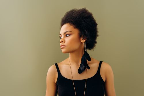 Free Portrait of a young woman with afro hairstyle and bold feather earring, exuding confidence and style. Stock Photo