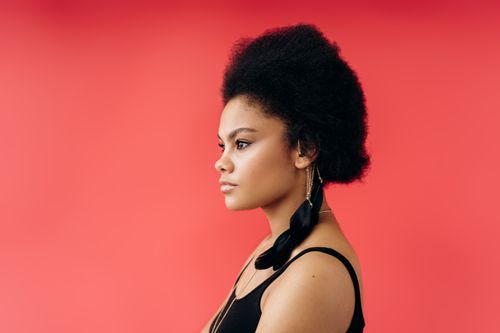 Free Profile view of a woman with afro hairstyle against a red background. Studio shot. Stock Photo
