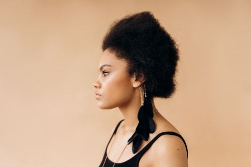 Free Side profile of a woman with afro hair in a studio shot, showcasing elegance. Stock Photo