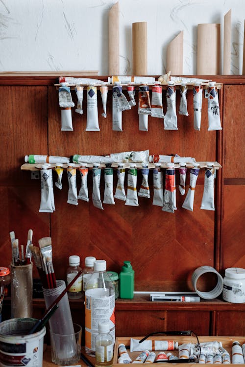 Paint Tubes on Wooden Cabinet