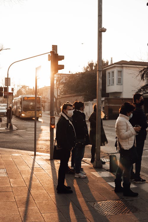 Free People in outerwear and medical masks standing on crosswalk in city street in sunlight Stock Photo
