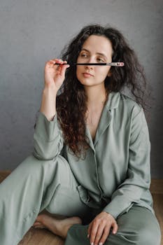 Woman in gray pajamas sitting indoors, artistically holding a paintbrush thoughtfully with curly hair.