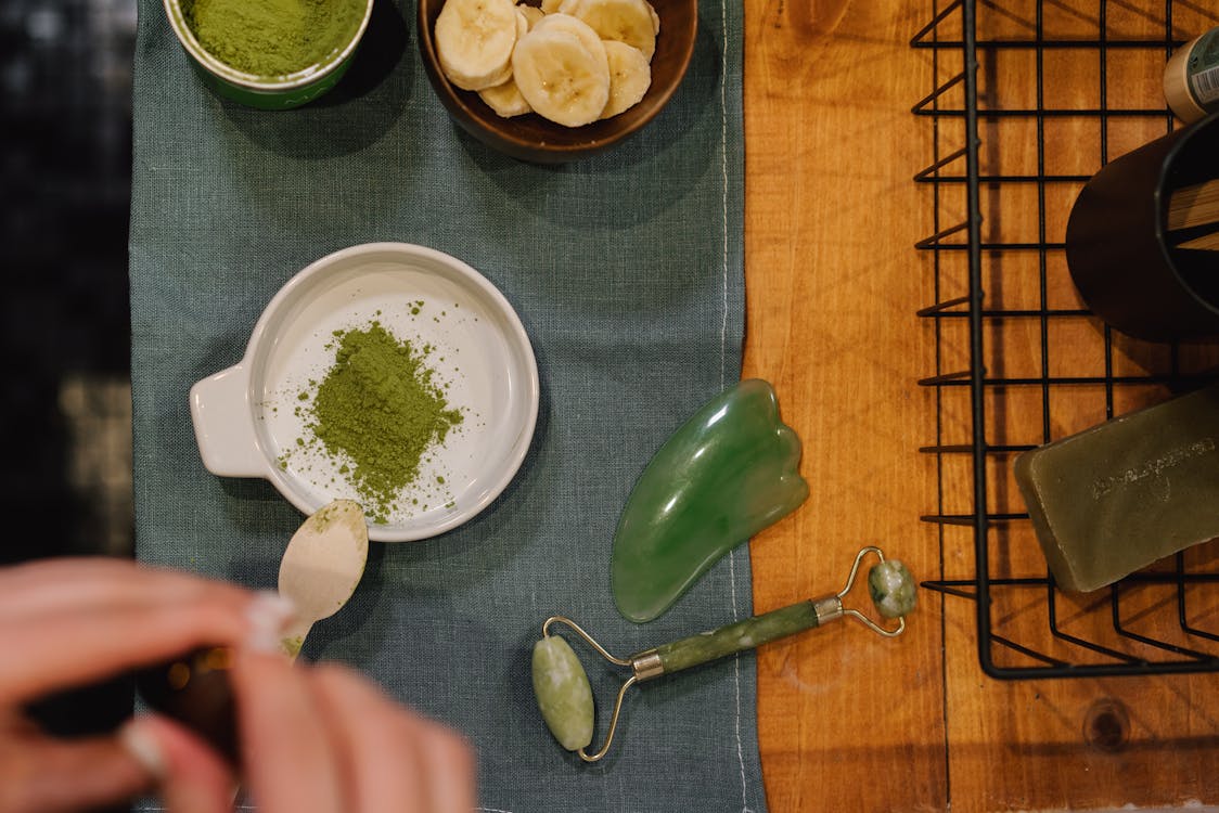 Free Green Powder in Ceramic Bowls Stock Photo