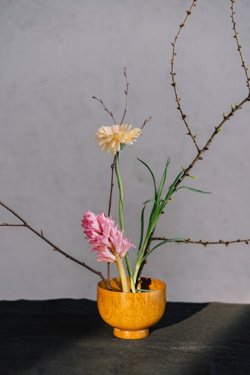 Beautiful Flowers on a Wooden Pot