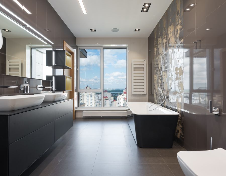 Large format porcelain tile bathroom flooring Ladera Ranch