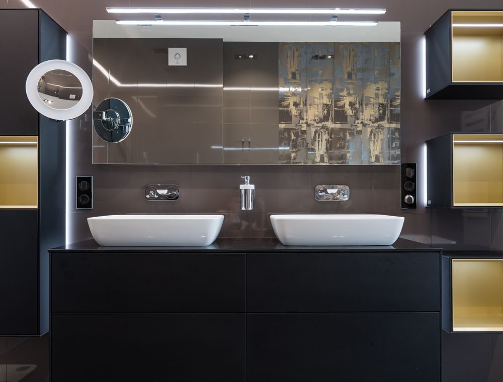 Modern double sink vanity installation Palm Springs