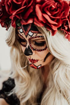 Artistic portrait featuring creative Day of the Dead makeup with red roses and white hair.