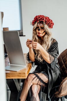 A woman in intricate Dia de los Muertos makeup applies lipstick indoors with a flower crown and lace robe.