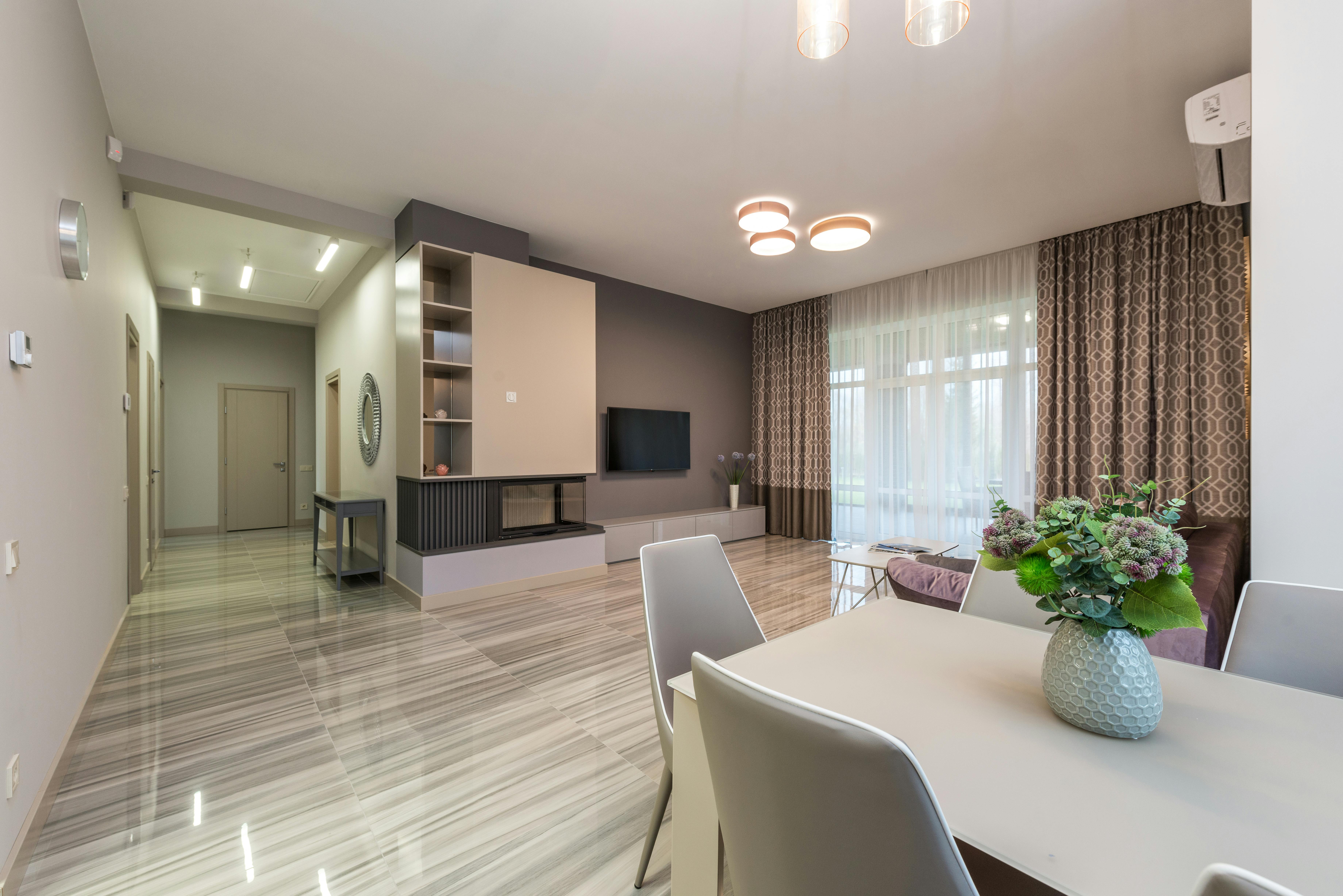 interior of modern flat with living area and dining zone