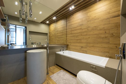 Sleek and contemporary bathroom with wooden accents and minimalist fixtures.