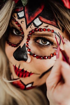 Artistic close-up of a woman's Day of the Dead face paint with vibrant red and black colors.